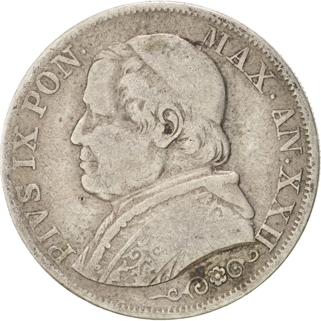 ITALIAN STATES, Lira, 1868, Rome, KM #1378, VF(20-25), Silver, 4.89
