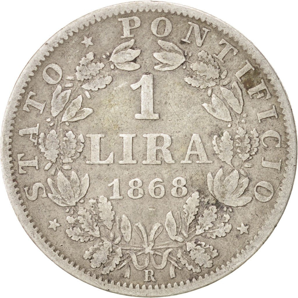 ITALIAN STATES, Lira, 1868, Rome, KM #1378, VF(20-25), Silver, 4.89