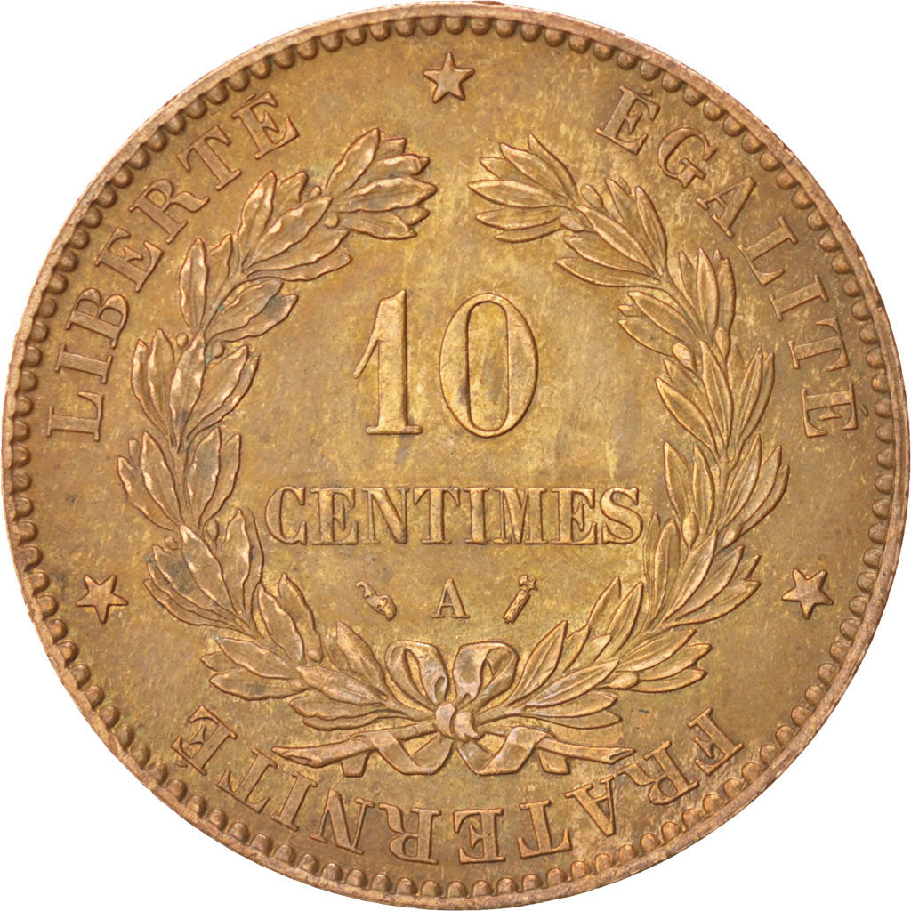 FRANCE, Cérès, 10 Centimes, 1887, Paris, KM #815.1, AU(55-58), Bronze, Gadoury #