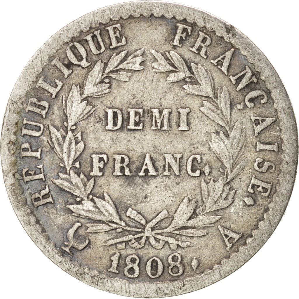 FRANCE, Napoléon I, 1/2 Franc, 1808, Paris, KM #680.1, VF(30-35), Silver, Gadour
