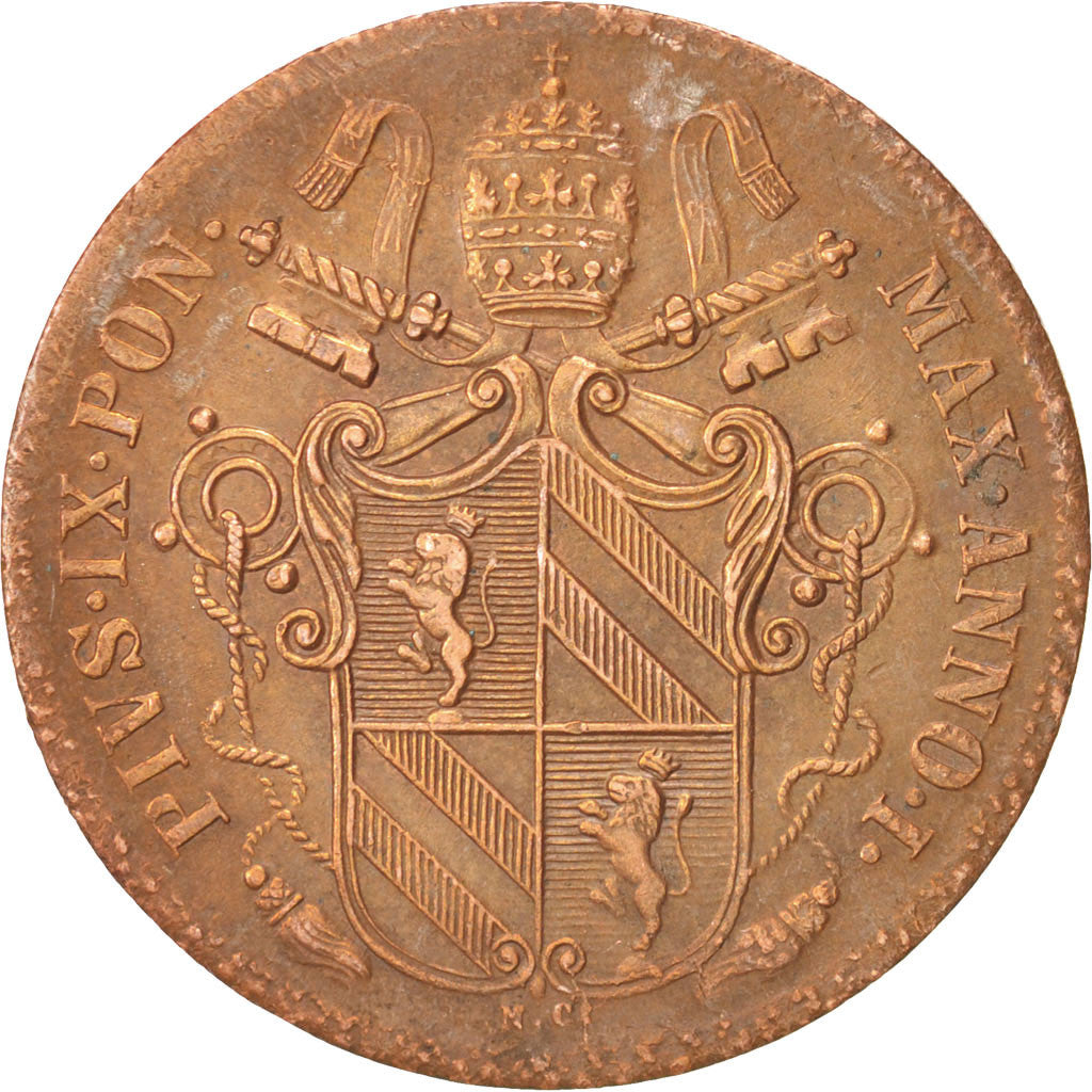 Coin, ITALIAN STATES, PAPAL STATES, Pius IX, Baiocco, 1847, Bologna, AU(50-53)