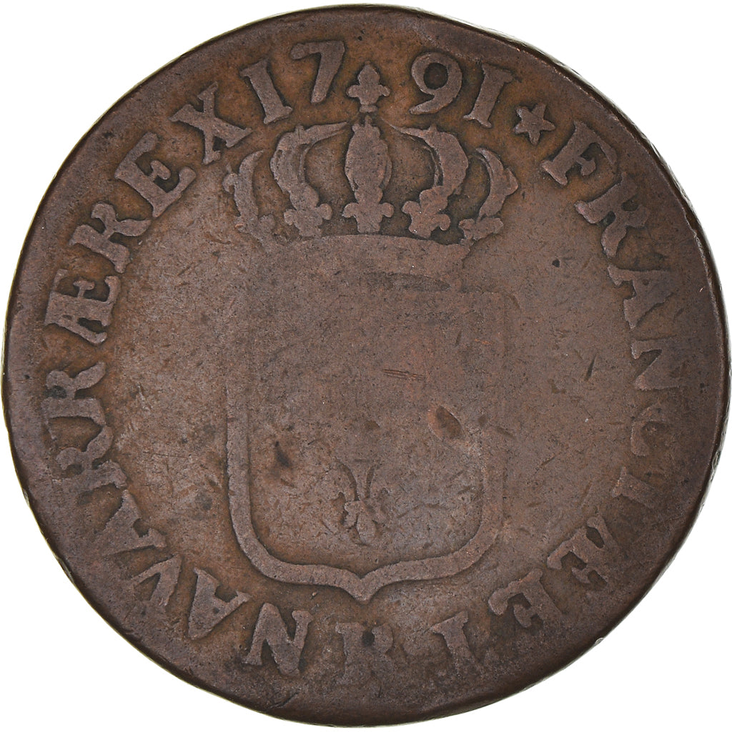 Moeda, França, Louis XVI, Sol ou sou, Sol, 1791, Orléans, F(12-15), Cobre