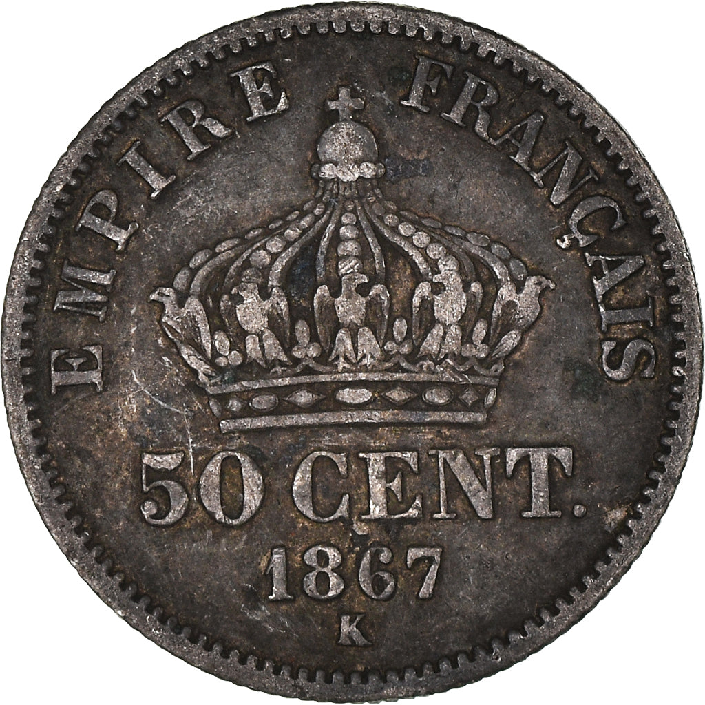 Moneda, Francia, Napoleon III, Napoléon III, 50 Centimes, 1867, Bordeaux, BC+