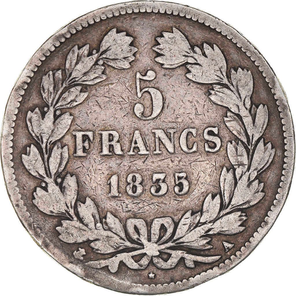 Moeda, França, Louis-Philippe, 5 Francs, 1835, Paris, VF(20-25), Prata