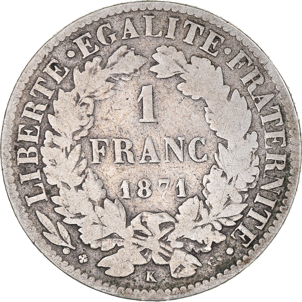 Moeda, França, Cérès, Franc, 1871, Bordeaux, F(12-15), Prata, KM:822.2