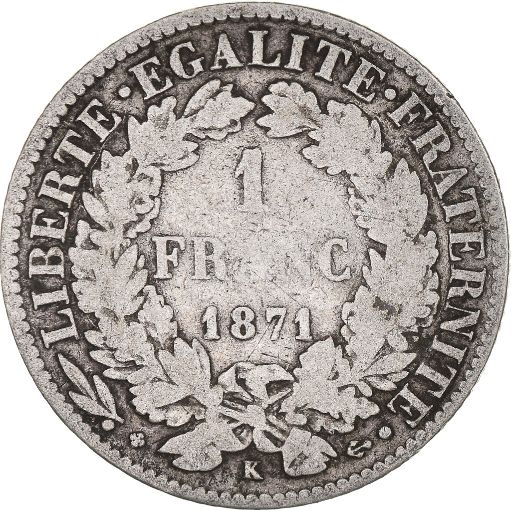 Moneta, Francia, Cérès, Franc, 1871, Bordeaux, MB, Argento, KM:822.2