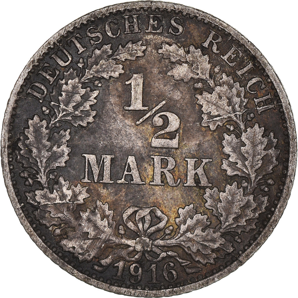 Coin, GERMANY - EMPIRE, 1/2 Mark, 1916, Stuttgart, EF(40-45), Silver, KM:17