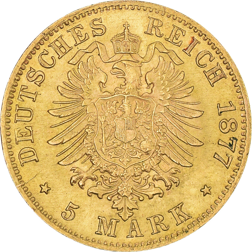 Coin, German States, BADEN, Friedrich I, 5 Mark, 1877, KARLSRUHE, MS(64), Gold
