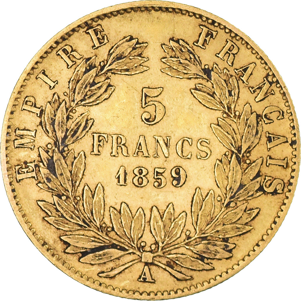 Moneta, Francia, Napoleon III, 5 Francs, 1859, Paris, BB, Oro, KM:787.1