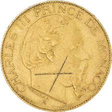 Moneta, Monaco, Charles III, 20 Francs, Vingt, 1879, Paris, MB+, Oro, KM:98
