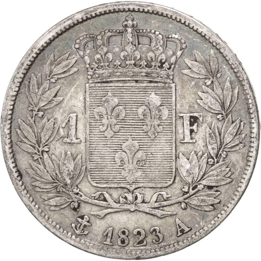 FRANCE, Louis XVIII, Franc, 1823, Paris, KM #709.1, EF(40-45), Silver, Gadoury..