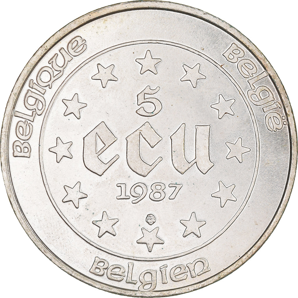 Moeda, Bélgica, 5 Ecu, 1987, MS(63), Prata, KM:166
