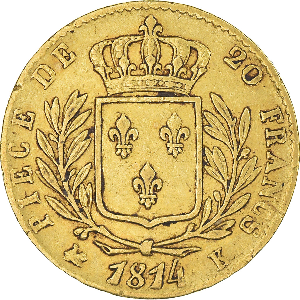 Coin, France, Louis XVIII, 20 Francs, 1814, Bordeaux, VF(30-35), Gold, KM:706.3