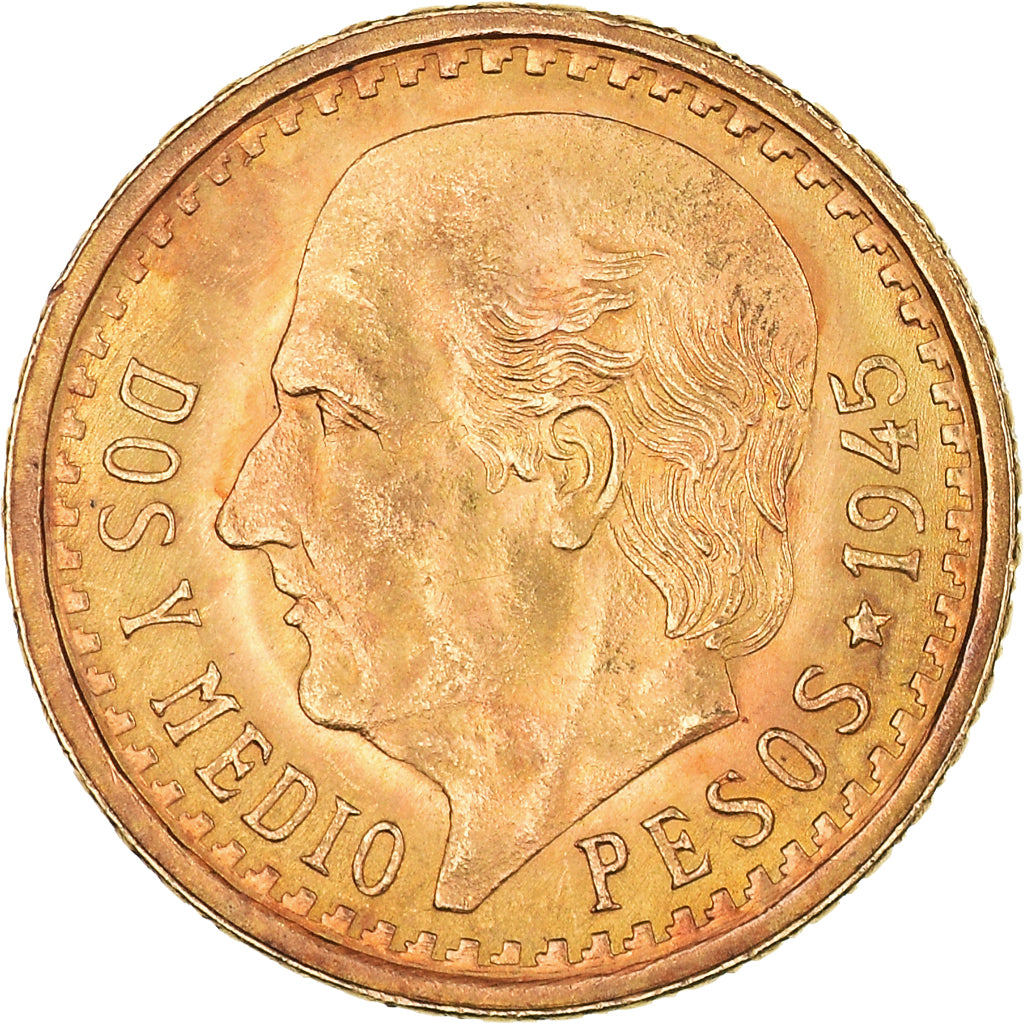 Moneda, México, 2-1/2 Pesos, 1945, Mexico City, SC+, Oro, KM:463