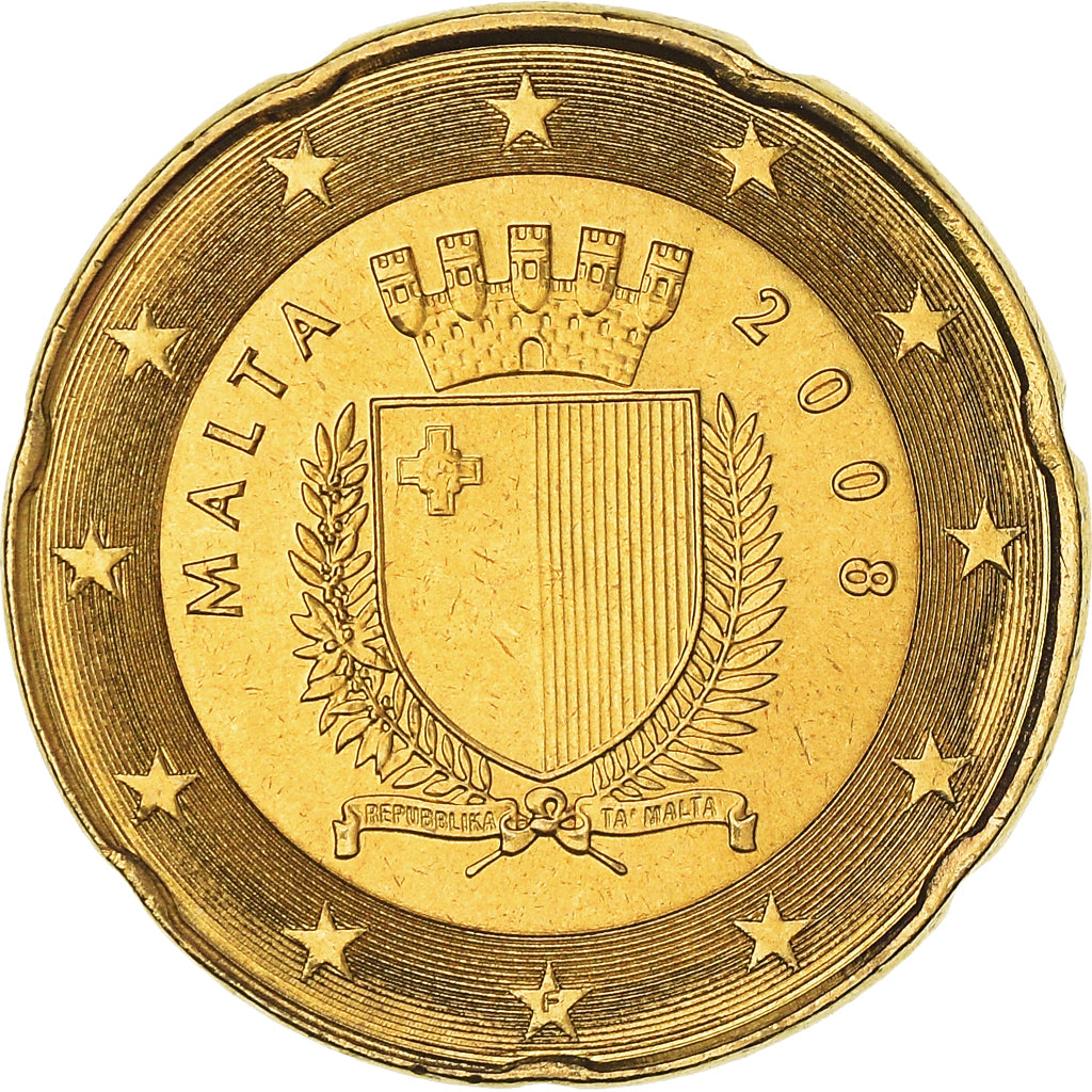 Malte, 20 Euro Cent, The arms of Malta, 2008, FDC, Or nordique