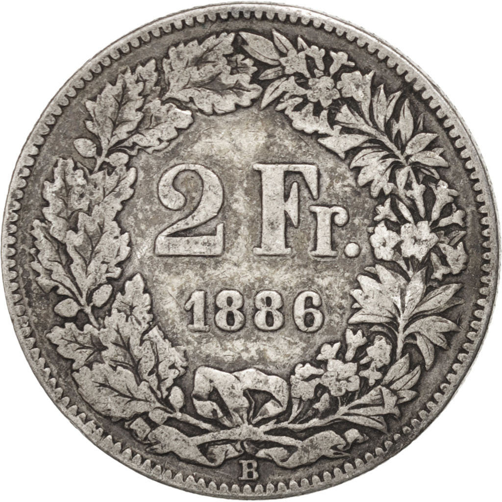 Svizzera, 2 Francs, 1886, Bern, MB, Argento, KM:21