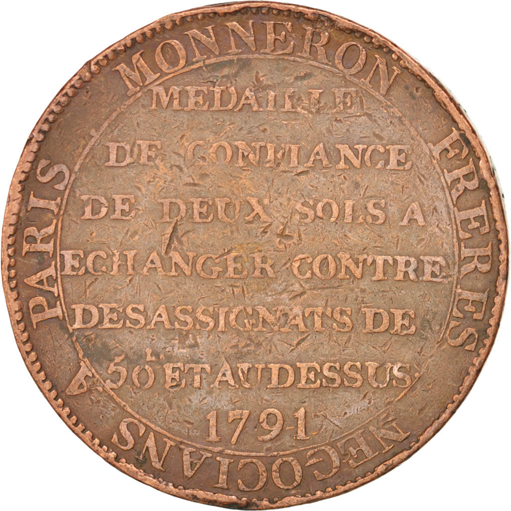 FRANCE, 2 Sols, 1791, KM #Tn23, VF(30-35), Bronze, Brandon #217, 18.89