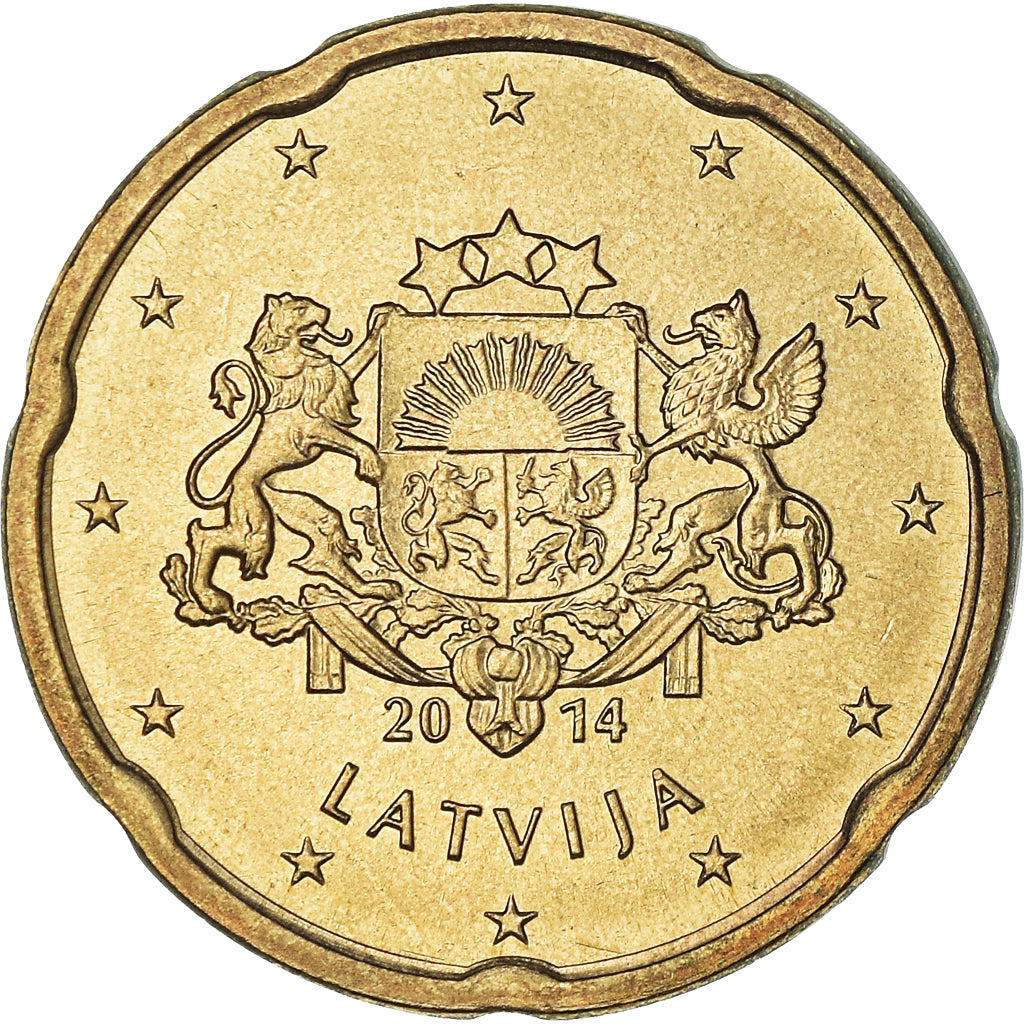Latvia, 20 Euro Cent, large coat of arms of the Republic, 2014, MS(63), Nordic