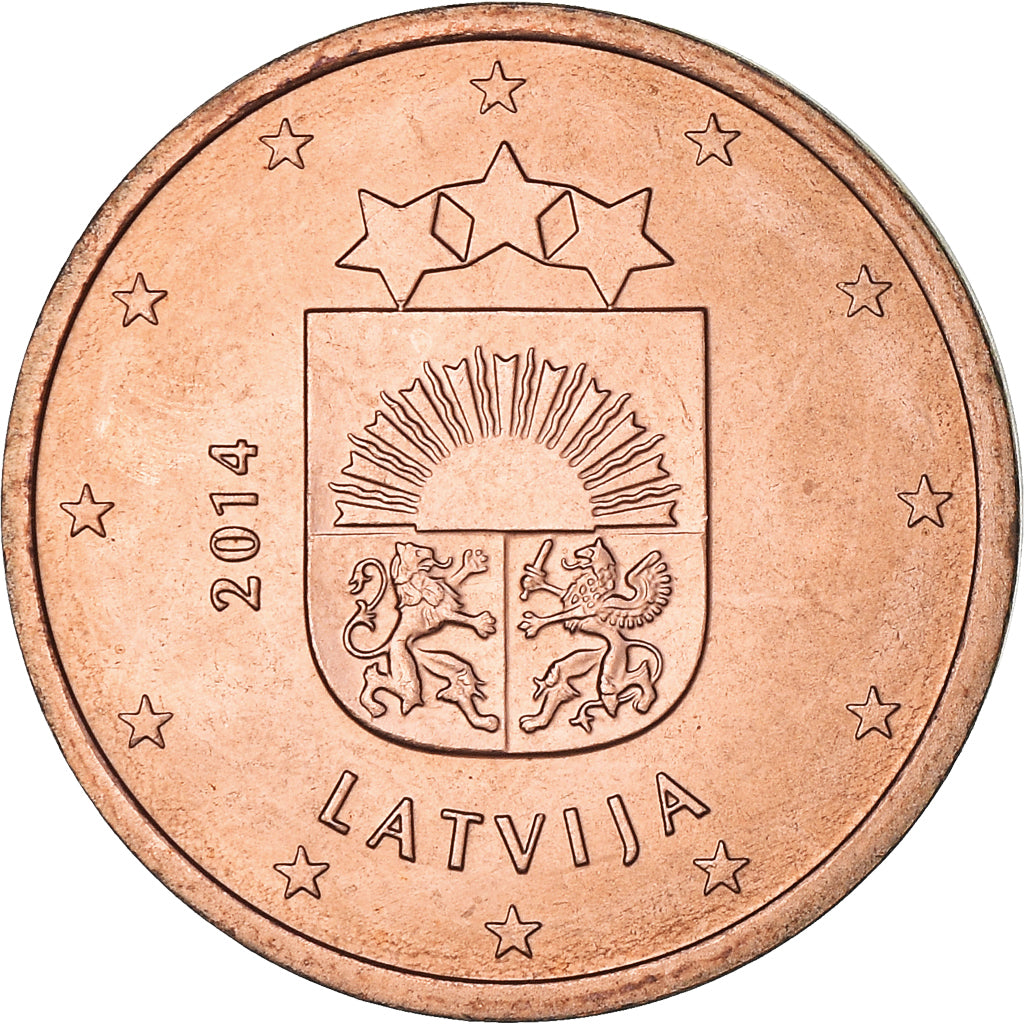 Letónia, 5 Euro Cent, 2014, Stuttgart, EF(40-45), Aço Cromado a Cobre, KM:152