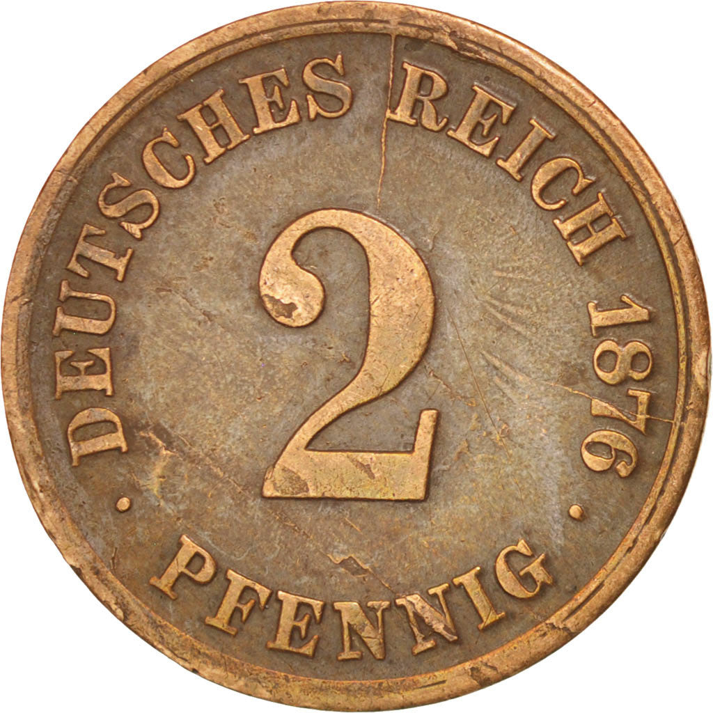 GERMANY - EMPIRE, 2 Pfennig, 1876, Darmstadt, KM #2, EF(40-45), Copper, 20, 3.26
