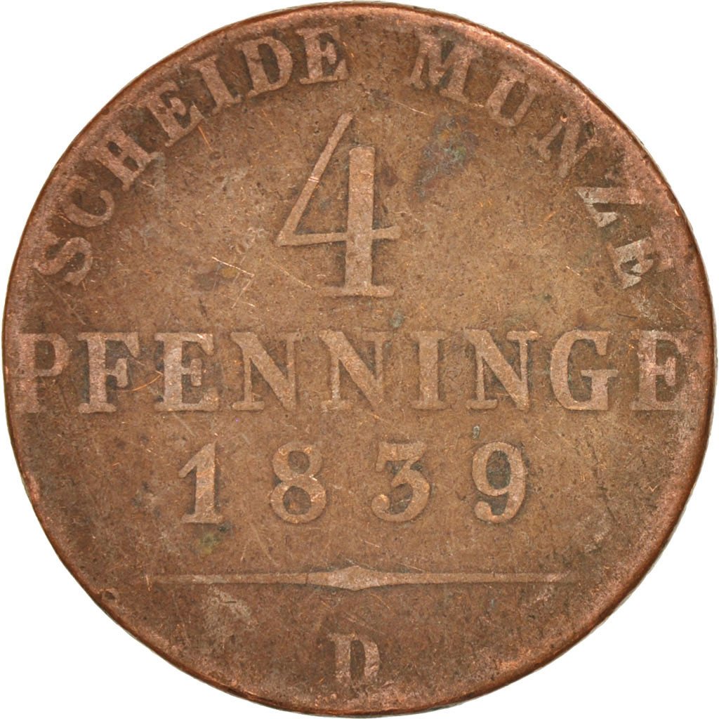 GERMAN STATES, 4 Pfennig, 1839, Aurich, KM #412, VF(20-25), Copper, 25, 5.86