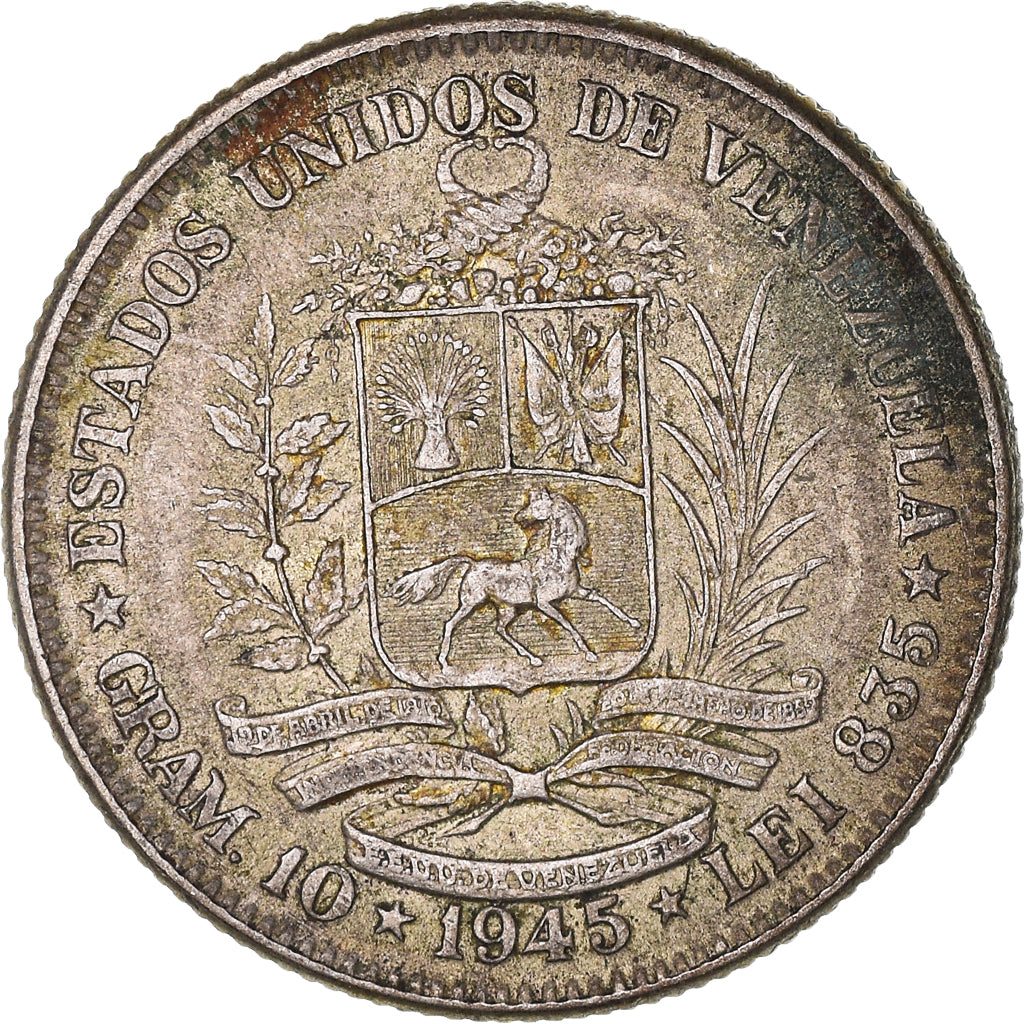 Monnaie, Venezuela, Gram 10, 2 Bolivares, 1945, Philadelphie, TTB, Argent