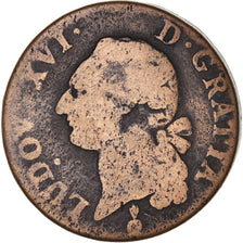 Moneta, Francja, Louis XVI, Sol, 1791, Metz, VF(20-25), Miedź, KM:602.1