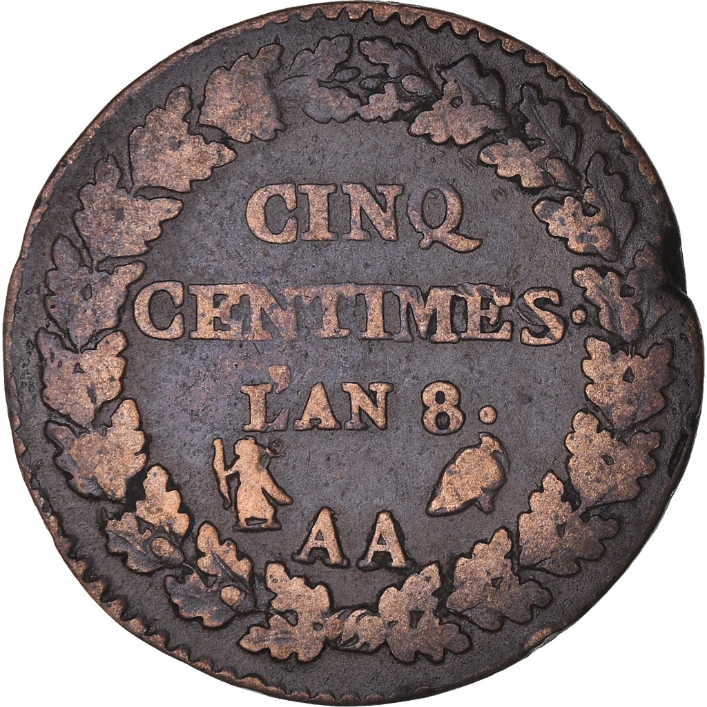 Coin, France, Dupré, 5 Centimes, AN 8, Metz, VF(20-25), Bronze, KM:640.2