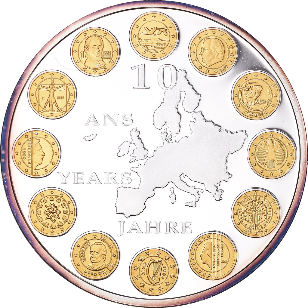 Francia, medalla, 10 ans de l'Euro, Politics, SC+, Copper Plated Silver