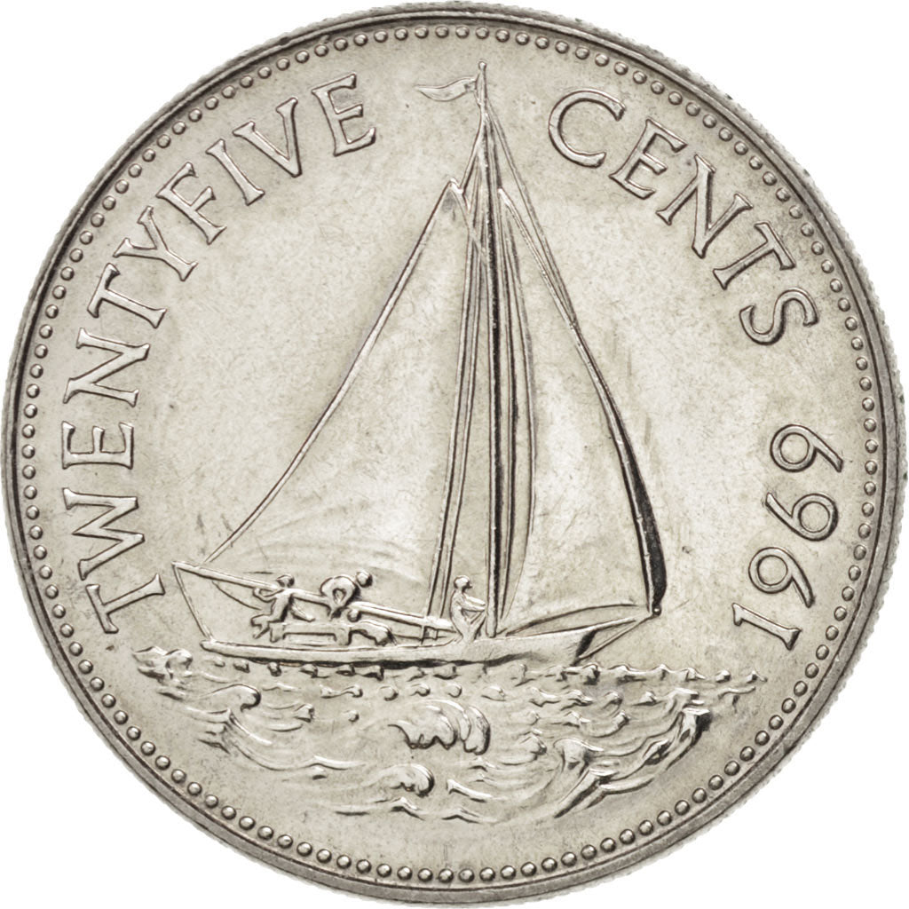 BAHAMAS, 25 Cents, 1969, Franklin Mint, KM #6, MS(63), Nickel, 24.26, 6.66