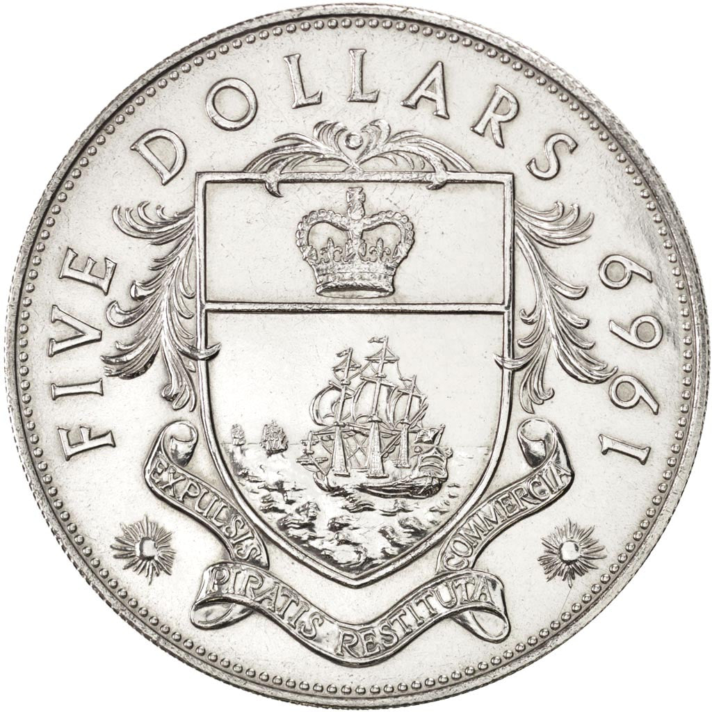 Münze, Bahamas, Elizabeth II, 5 Dollars, 1969, UNZ, Silber, KM:10