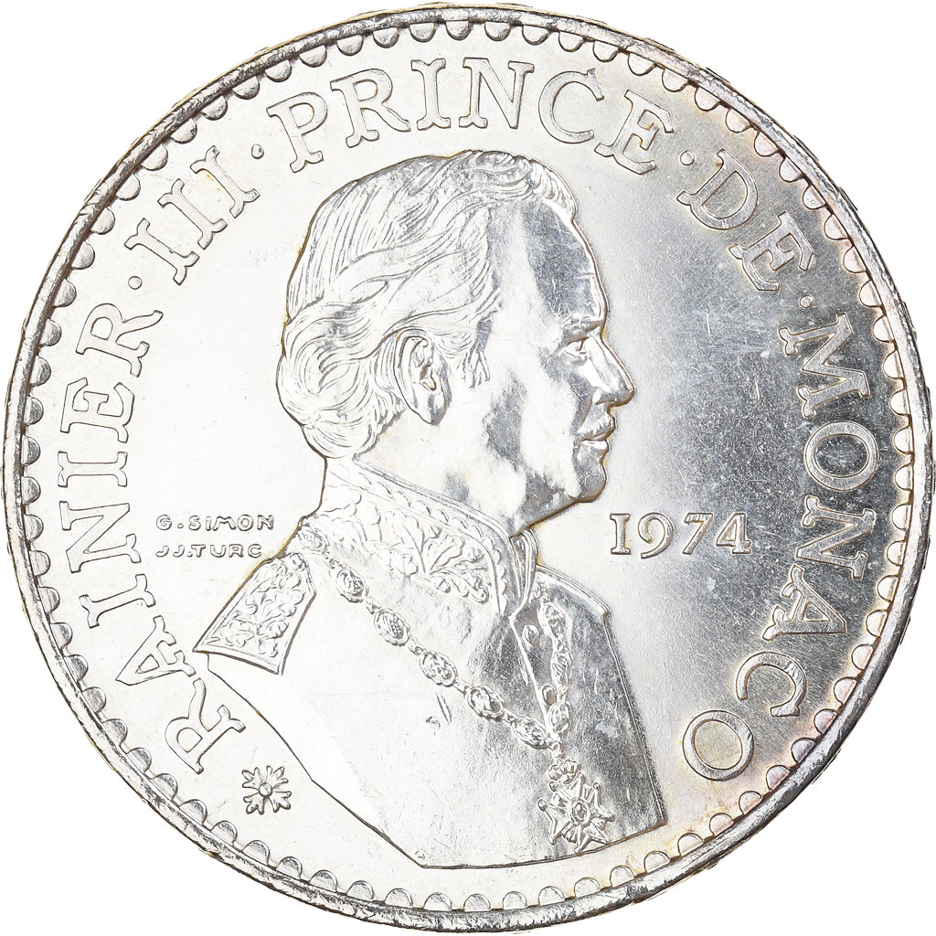 Coin, Monaco, Rainier III, 50 Francs, 1974, MS(60-62), Silver, KM:152.1