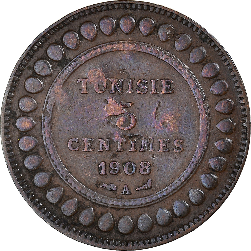 Moneta, Tunisia, Muhammad al-Nasir Bey, 5 Centimes, 1908, Paris, MB, Bronzo