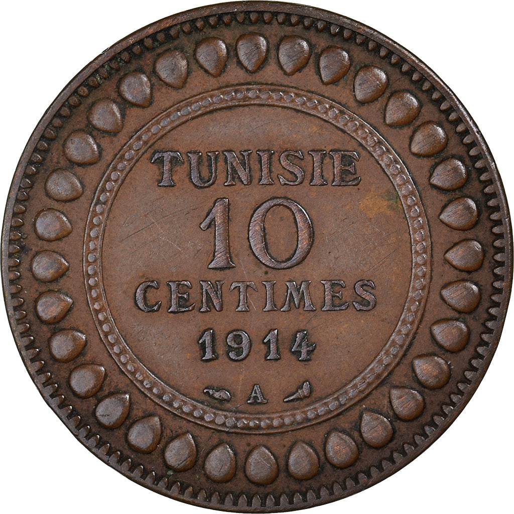 Moneta, Tunisia, Muhammad al-Nasir Bey, 10 Centimes, 1914, Paris, BB+, Bronzo