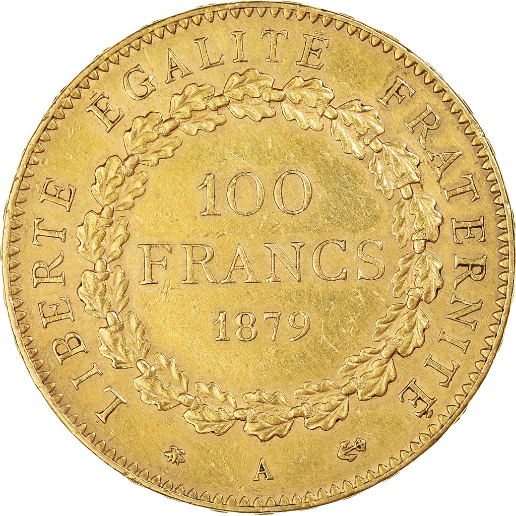 Moneda, Francia, Génie, 100 Francs, 1879, Paris, MBC+, Oro, KM:832