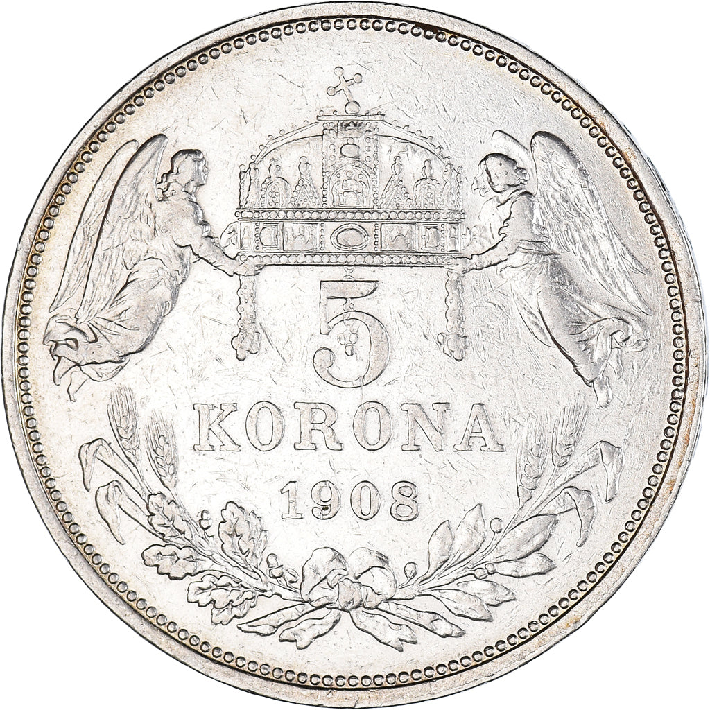 Moeda, Hungria, Franz Joseph I, 5 Korona, 1908, Kormoczbanya, EF(40-45), Prata