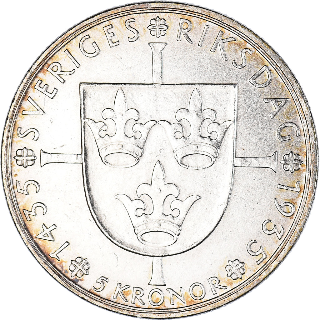 Coin, Sweden, Gustaf V, 5 Kronor, 1935, AU(50-53), Silver, KM:806