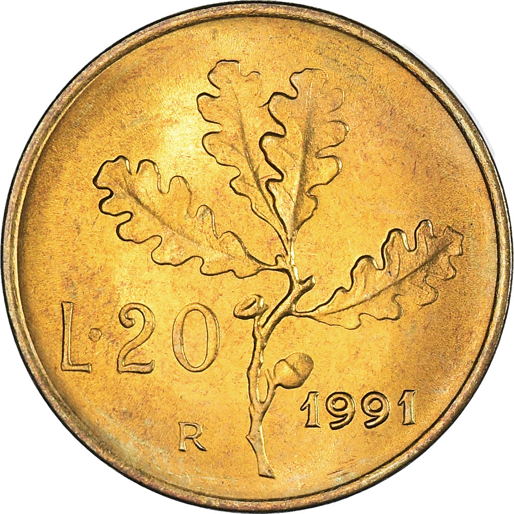 Coin, Italy, 20 Lire, 1991, Rome, MS(65-70), Aluminum-Bronze, KM:97.2