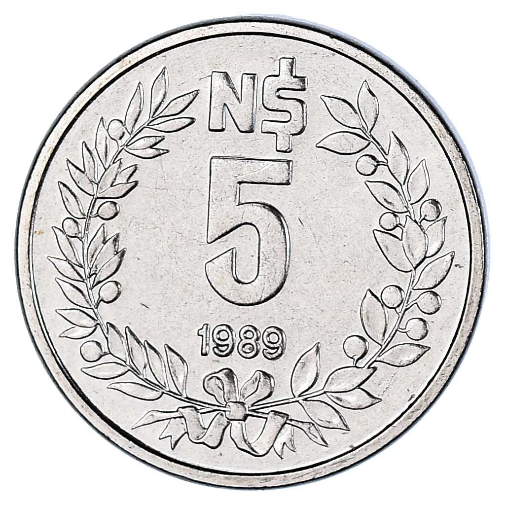 Coin, Uruguay, 5 Nuevos Pesos, 1989, Paris, MS(63), Stainless Steel, KM:92