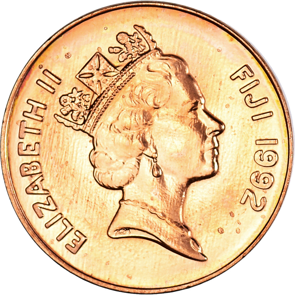 Coin, Fiji, Elizabeth II, 2 Cents, 1992, MS(60-62), Copper Plated Zinc, KM:50a