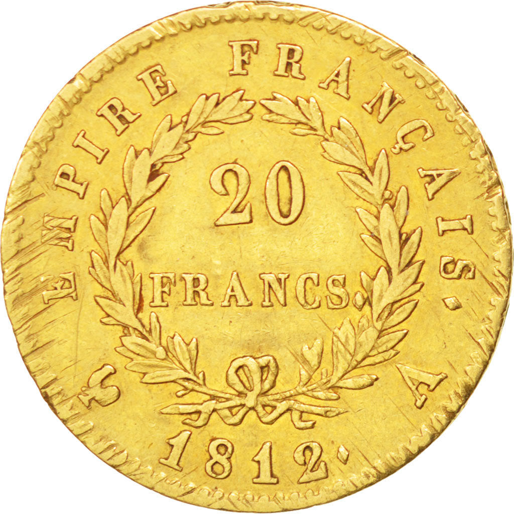 FRANCE, Napoléon I, 20 Francs, 1812, Paris, KM #695.1, EF(40-45), Gold, Gadoury 