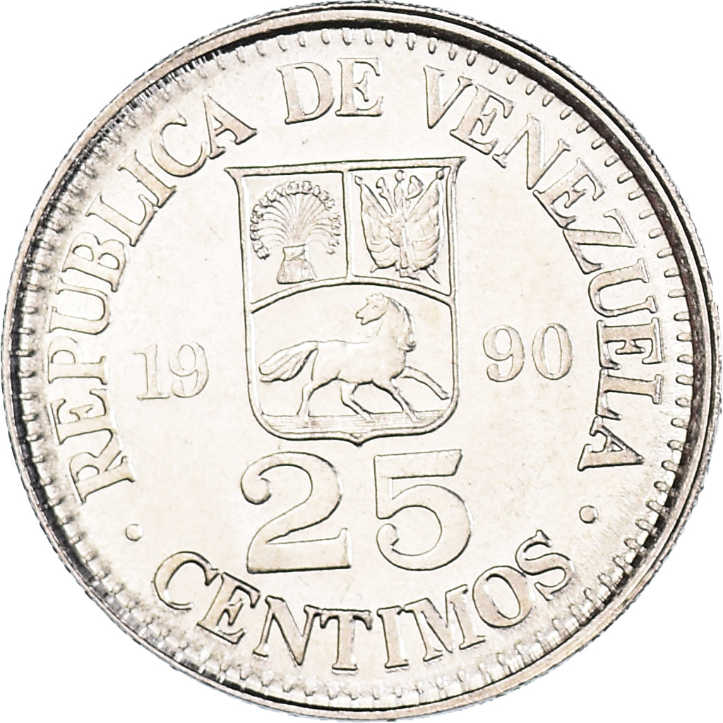 Coin, Venezuela, 25 Centimos, 1990, MS(60-62), Nickel Clad Steel, KM:50a
