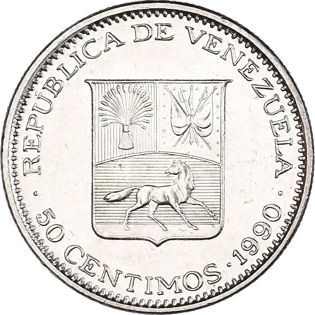 Coin, Venezuela, 50 Centimos, 1990, MS(60-62), Nickel Clad Steel, KM:41a