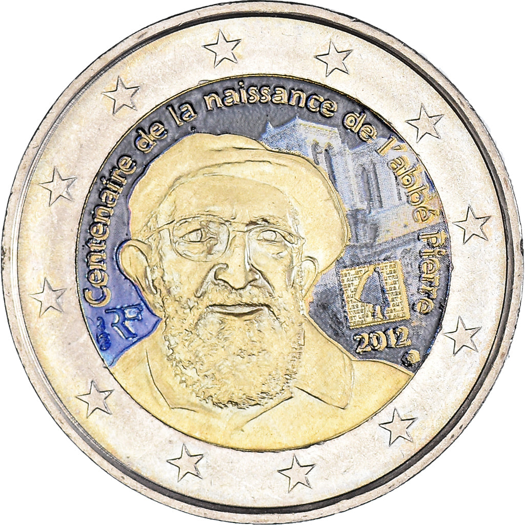 França, 2 Euro, Abbé Pierre, 2012, Paris, Colourized, MS(60-62), Bimetálico