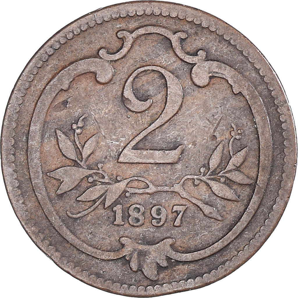 Moneda, Austria, Franz Joseph I, 2 Heller, 1897, BC+, Bronce, KM:2801