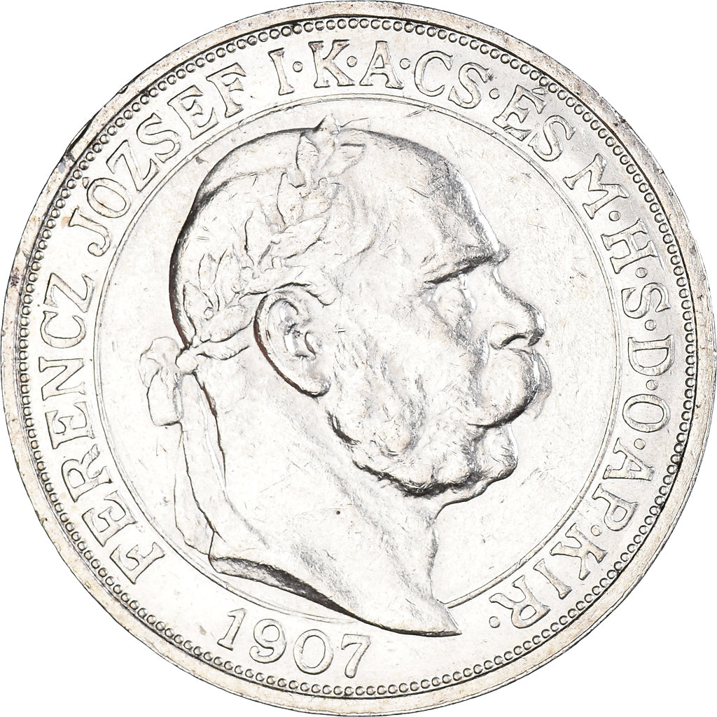 Coin, Hungary, Franz Joseph I, 5 Korona, 1907, Kremnitz, AU(55-58), Silver