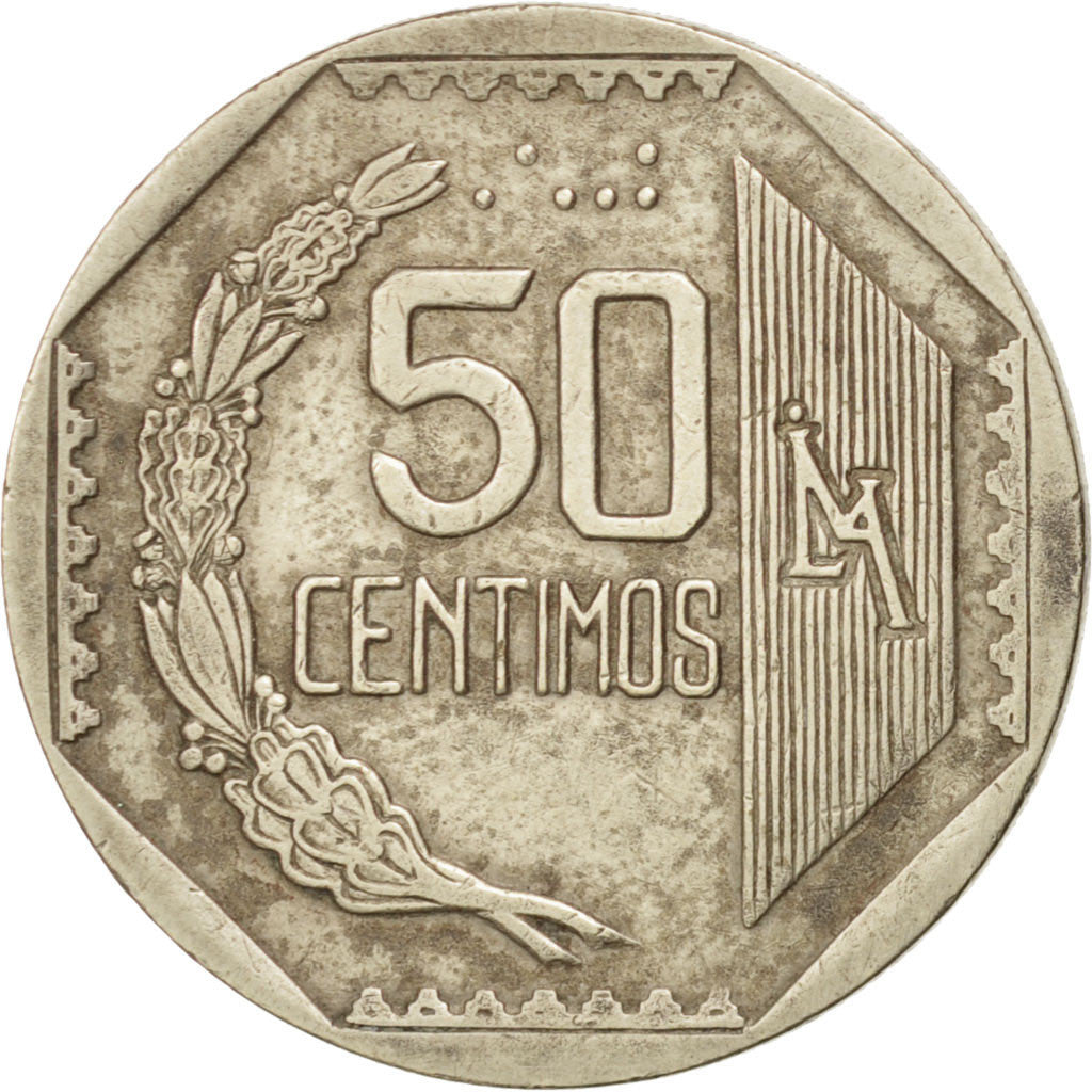 PERU, 50 Centimos, 1991, Lima, KM #307.1, EF(40-45), Copper-Nickel-Zinc, 22