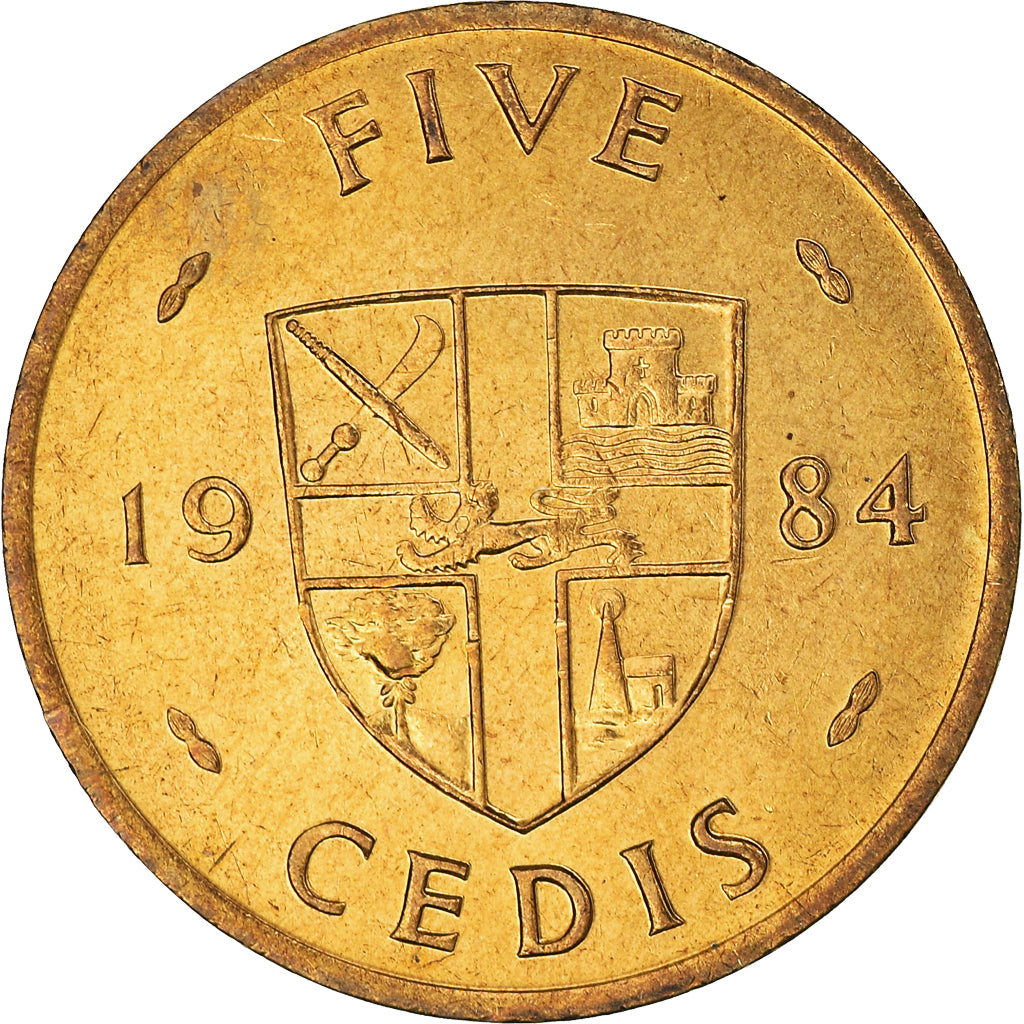 Moneda, Ghana, 5 Cedis, 1984, EBC+, Latón, KM:26