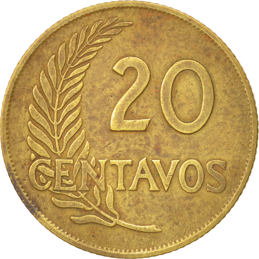 PERU, 20 Centavos, 1960, KM #221.2b, EF(40-45), Brass, 23