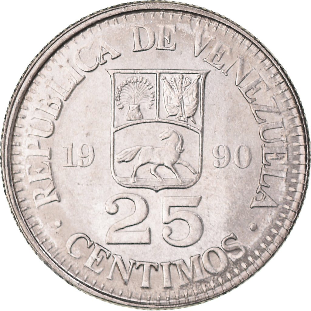 Coin, Venezuela, 25 Centimos, 1990, MS(64), Nickel Clad Steel, KM:50a